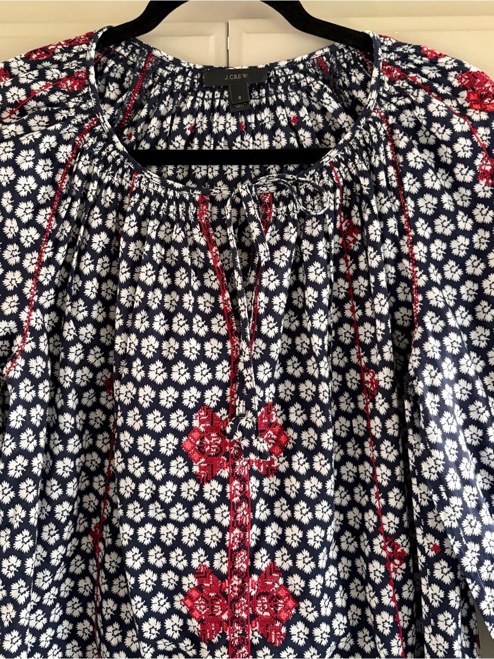 J.Crew Embroidered Tie Neck Boho Peasant Blouse Blue Floral Indian Voile Size 6
